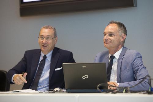 Sergio Bolzonello (Vicepresidente Regione FVG e assessore Attività produttive, Turismo e Cooperazione) e Bruno Bertero (Direttore Marketing PromoTurismo FVG) alla presentazione dei dati sul turismo in FVG nel primo semestre 2017 - Udine 27/07/2017 (Foto Fabrice Gallina)