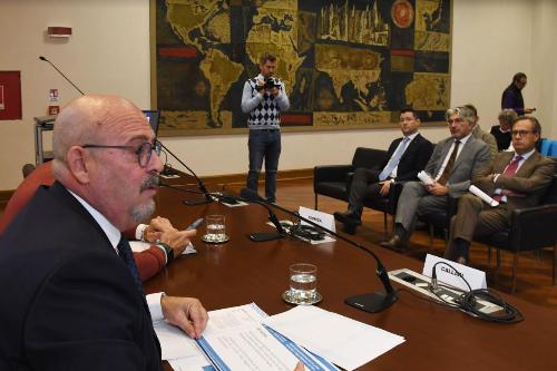 Un momento della conferenza stampa. In primo piano l'assessore Callari.
