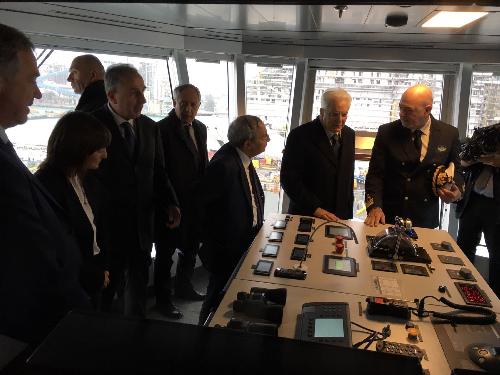 Debora Serracchiani (Presidente Regione Friuli Venezia Giulia), Giuseppe Bono (Amministratore delegato Fincantieri) e Sergio Mattarella (Presidente della Repubblica) sulla nave da crociera MSC Seaside - Monfalcone 29/11/2017