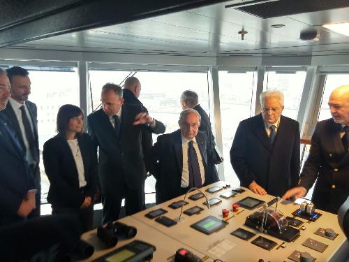 Debora Serracchiani (Presidente Regione Friuli Venezia Giulia), Giuseppe Bono (Amministratore delegato Fincantieri) e Sergio Mattarella (Presidente della Repubblica) sulla nave da crociera MSC Seaside - Monfalcone 29/11/2017