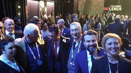 Sergio Bolzonello (Vicepresidente Regione FVG e assessore Attività produttive, Turismo e Cooperazione) con Enzo Cainero (Project manager) e Vincenzo Nibali (Ciclista) alla presentazione del Giro d'Italia 2018 - Milano 29/11/2017