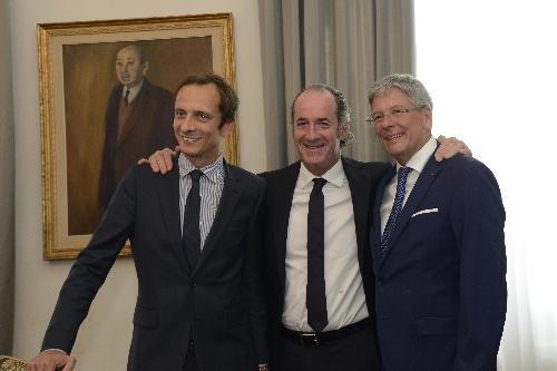 Massimiliano Fedriga (Presidente Regione Friuli Venezia Giulia), Luca Zaia (Presidente Regione Veneto), Peter Kaiser (Governatore Carinzia) all'assemblea del Gect Euregio Senza Confini - Trieste 20/06/2018