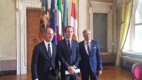 Luca Zaia (Presidente Regione Veneto), Massimiliano Fedriga (Presidente Regione Friuli Venezia Giulia), Peter Kaiser (Governatore Carinzia) all'assemblea del Gect Euroregio Senza Confini - Trieste 20/06/2018
