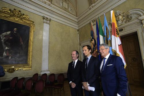 Luca Zaia (Presidente Regione Veneto), Massimiliano Fedriga (Presidente Regione Friuli Venezia Giulia), Peter Kaiser (Governatore Carinzia) all'assemblea del Gect Euregio Senza Confini - Trieste 20/06/2018
