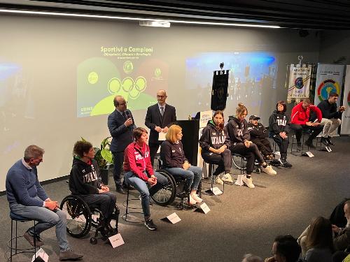 Il vicegovernatore del Friuli Venezia Giulia con delega a Cultura e Sport Mario Anzil, durante l'incontro con gli atleti del Friuli Venezia Giulia che hanno partecipato alle Olimpiadi e Paralimpiadi di Parigi 2024