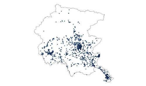Siti di posizionamento dei dosimetri sul territorio della regione Friuli Venezia Giulia durante la campagna Radon misure per 1.000 famiglie