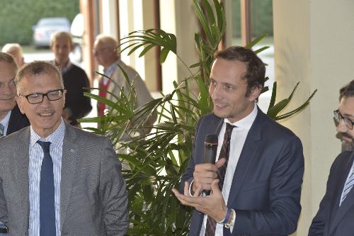 Il governatore del Friuli Venezia Giulia Massimiliano Fedriga all'inaugurazione del "Fabio Mangilli Equestrian centre" di Flumignano di Talmassons (Ud). A sinistra il presidente del Consiglio regionale Piero Mauro Zanin.