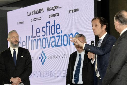 Il governatore del Friuli Venezia Giulia Massimiliano Fedriga interviene al convegno "Le sfide dell'innovazione. Viaggio nell'Italia che investe sul futuro" in occasione dell'inaugurazione della nuova sede Danieli Automation.