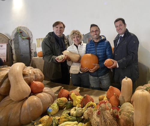 Una fase della festa della zucca di Venzone. Da sinistra: il commissario straordinario del Comune Daniele Damele, l'assessore regionale alle Finanze Barbara Zilli, il vicepresidente del Consiglio regionale Stefano Mazzolini e il consigliere regionale Franco Iacop.