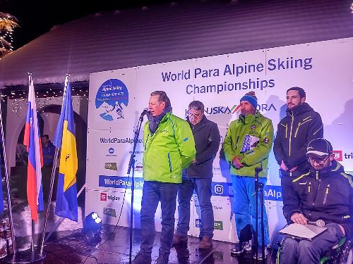 L'assessore regionale all'Ambiente, Fabio Scoccimarro, interviene alla cerimonia di apertura dei Campionati mondiali di sci paralimpico a Kranjska Gora in Slovenia