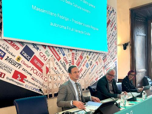 Il governatore della Regione Friuli Venezia Giulia Massimiliano Fedriga alla presentazione del programma di GO! 2025 Nova Gorica Gorizia Capitale Europea della Cultura nella sede dell’Associazione stampa estera a Palazzo Grazioli a Roma.
