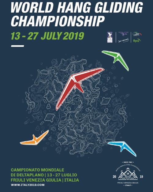 Il manifesto dei Campionati mondiali di deltaplano che si svolgeranno in Friuli Venezia Giulia dal 13 al 27 luglio 