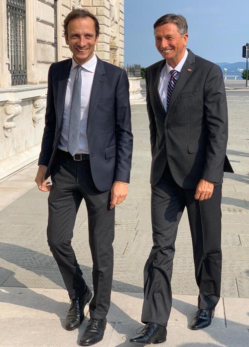 Il governatore del Friuli Venezia Giulia Massimiliano Fedriga accoglie il presidente della Slovenia Borut Pahor nel palazzo della Regione a Trieste