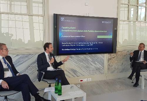 Il governatore del Friuli Venezia Giulia Massimiliano Fedriga durante il suointervento al convegno "Investire, Accelerare, Crescere", promosso da Confindustria Digitale in collaborazione con Luiss Business School