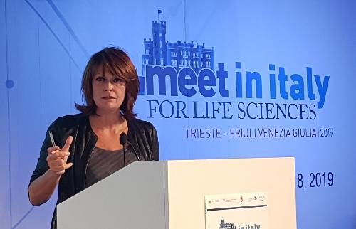 L'intervento dell'assessore regionale a Ricerca e Università, Alessia Rosolen, in apertura di Meet in Italy for Life Sciences 2019 al Molo IV di Trieste