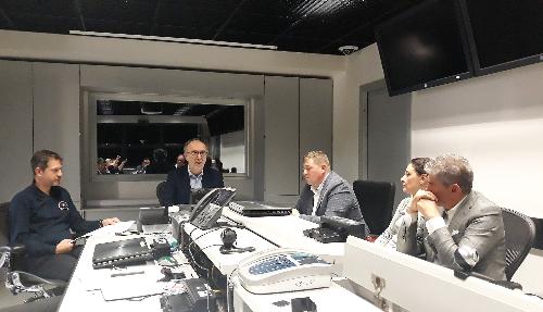 Il vicegovernatore Riccardo Riccardi all'incontro nella sede operativa della Protezione civile di Palmanova con il sindaco di Latisana Daniele Galizio, la presidente del Consorzio di Bonifica Pianura friulana Rosanna Clocchiatti, il presidente di Cafc spa Salvatore Benigno e la consigliera regionale Maddalena Spagnolo per l'illustrazione del protocollo di opere per la prevenzione del rischio idrogeologico.