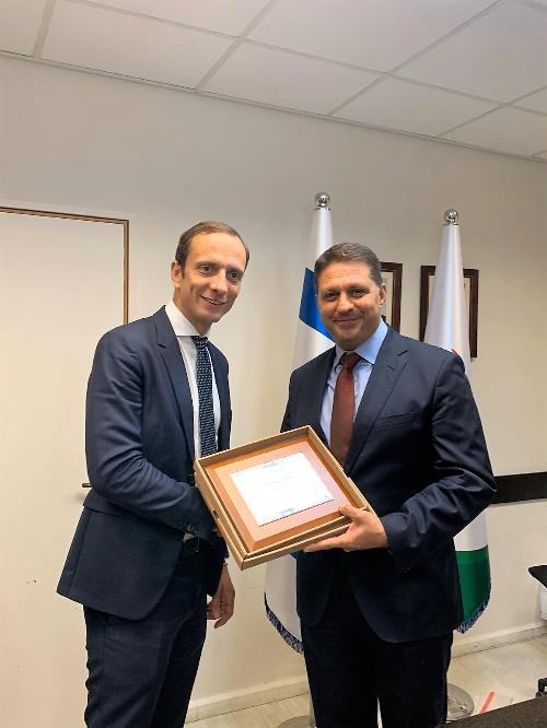 Il governatore del FVG Massimiliano Fedriga nella sua visita istituzionale in Israele con il sindaco della città di Modi'in-Maccabim-Re'ut Haim Bibas.