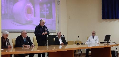 Il vicegovernatore del Friuli Venezia Giulia con delega alla Salute, Riccardo Riccardi, all'inaugurazione della nuova apparecchiatura di risonanza magnetica, con l'assessore comunale al welfare, Silvana Romano, il sindaco di Gorizia, Rodolfo Ziberna, il direttore dell'Aas2, Antonio Poggiana, il direttore della struttura complessa di radiologia, Piero Pellegrini - Gorizia, 18 novembre 2019.