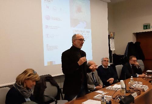 Il vicegovernatore del Friuli Venezia Giulia con delega alla Protezione civile, Riccardo Riccardi, all'apertura del convegno "Il terremoto del Friuli, dal dramma alla rinascita" tenutosi all'Università di Udine - Udine, 27 novembre 2019.