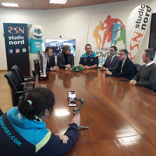 L'assessore regionale alle Attività produttive e Turismo Sergio Emidio Bini alla presentazione dello Snow Rugby Tarvisio con il vicepresidente del Consiglio regionale Stefano Mazzolini, il sindaco di Tarvisio Renzo Zanette e l'assessore comunale Mauro Zamolo