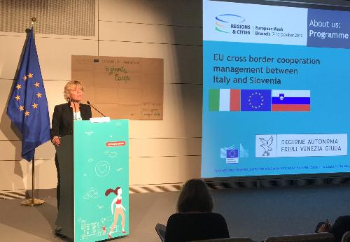 L'assessore alle Finanze del Friuli Venezia Giulia, Barbara Zilli, in una foto d'archivio all'European Week of Regions and Cities a Bruxelles nel 2019