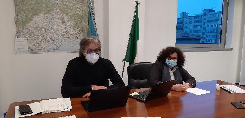 L'assessore regionale alle Attività produttive, Sergio Emidio Bini, con il direttore centrale, Magda Uliana, durante la videoconferenza con le parti sociali - Udine, 2 novembre 2020.