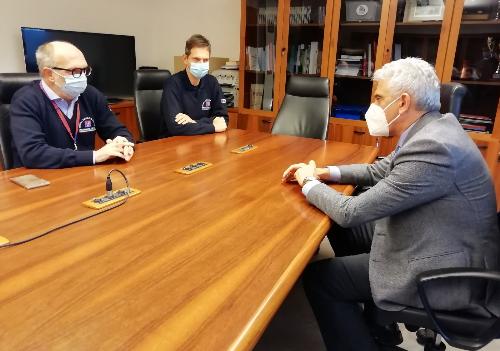 Il vicegovernatore del Friuli Venezia Giulia con delega alla Salute Riccardo Riccardi durante il vertice sul tema della sanità regionale ed emergenza Covid tenutosi a Palmanova insieme al nuovo prefetto di Pordenone Domenico Lione e al direttore della Protezioine civile Amedeo Aristei