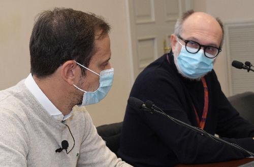 Governatore e vicegovernatore del Friuli Venezia Giulia, Massimiliano Fedriga e Riccardo Riccardi, durante la conferenza stampa di aggiornamento emergenza Covid-19