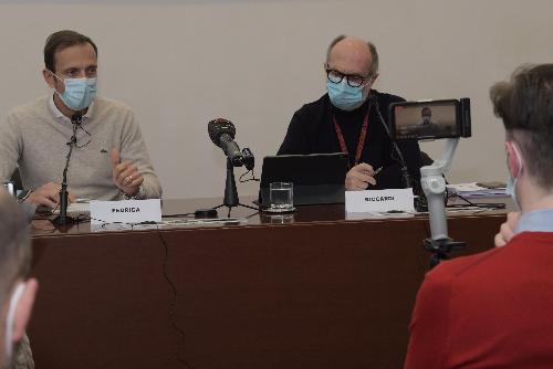 Governatore e vicegovernatore del Friuli Venezia Giulia, Massimiliano Fedriga e Riccardo Riccardi, durante la conferenza stampa di aggiornamento emergenza Covid-19