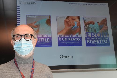 Il vicegovernatore con delega alla Salute del Fvg, Riccardo Riccardi, in occasione della conferenza stampa in cui è stata illustrata la campagna di sensibilizzazione dedicata alla violenza a danno degli operatori sanitari.