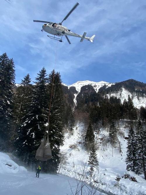 La consegna degli alimenti per gli animali in difficoltà a causa delle forti nevicate.