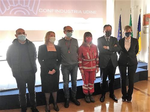 Il vicegovernatore del Fvg, Riccardo Riccardi, alla presentazione, a palazzo Torriani a Udine,  del protocollo operativo per la vaccinazione dei lavoratori, redatto da Confindustria Udine in collaborazione con Croce rossa italiana del Fvg, Ordine degli Infermieri, Medici del lavoro, Udinese Calcio spa e Cgil, Cisl, Uil.
