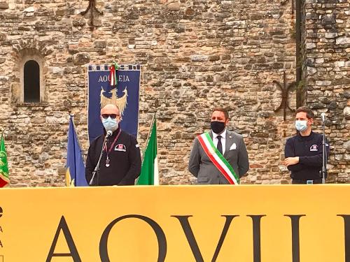 L'intervento del vicegovernatore del Friuli Venezia Giulia con delega alla Protezione civile, Riccardo Riccardi, ad Aquileia, in piazza Capitolo.