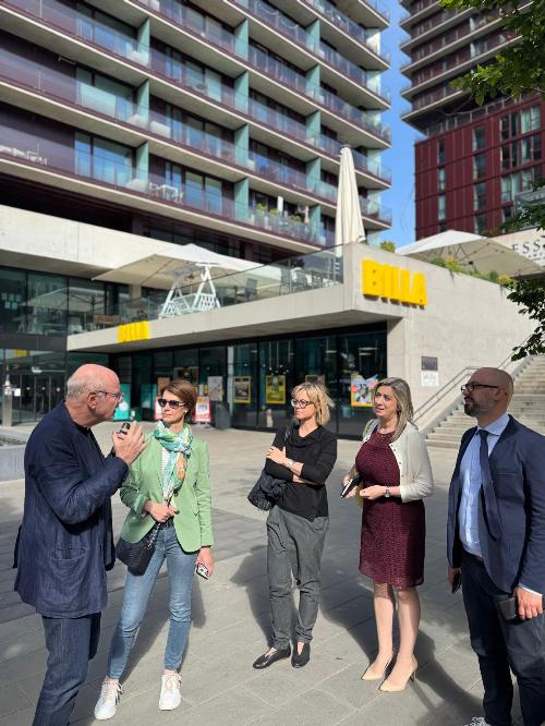 L'assessore regionale Cristina Amirante, al centro a destra, durante una delle visite compiute in uno dei quartieri di Vienna realizzati con il social housing.