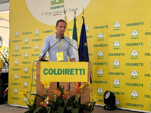 Il governatore della Regione Massimiliano Fedriga intervenuto dal palco di Udine in occasione del convegno di Coldiretti