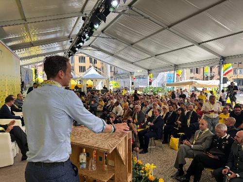 Il governatore della Regione Massimiliano Fedriga intervenuto dal palco di Udine in occasione del convegno di Coldiretti
