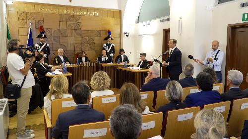 Il governatore del Friuli Venezia Giulia Massimiliano Fedriga durante l'intervento all'udienza pubblica per il giudizio di parificazione del rendiconto generale 2024 dell'Amministrazione regionale da parte della Corte dei conti