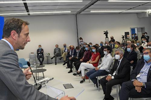 Il governatore Massimiliano Fedriga durante il suo intervento all’inaugurazione 
dell’ampliamento di Lean Experience Factory (Lef), la fabbrica modello voluta nel 2011 da Confindustria Alto Adriatico, McKinsey e altre aziende nel polo industriale di Ponterosso a San Vito al Tagliamento. 