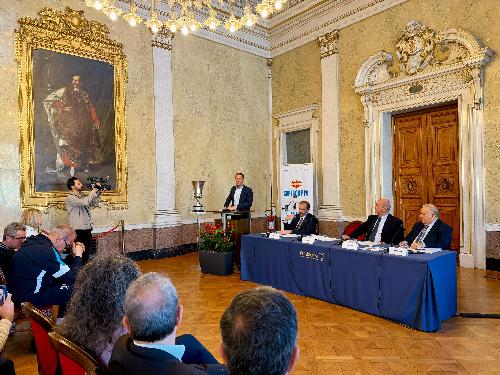 L'intervento del governatore Massimiliano Fedriga durante la conferenza stampa di presentazione della finale di supercoppa italiana di volley maschile