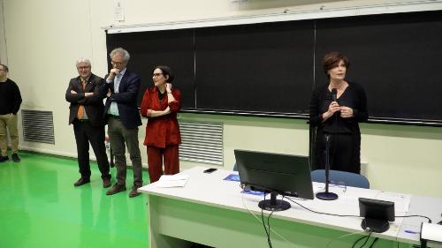 L'assessore regionale al Lavoro, formazione, istruzione, ricerca, università e famiglia Alessia Rosolen, all'inaugurazione dello Student Day dell'Università degli Studi di Udine, con il rettore, Angelo Montanari; la delegata per i servizi di orientamento e tutorato, Elisabetta Scarton e il sindaco di Udine, Alberto Felice De Toni
