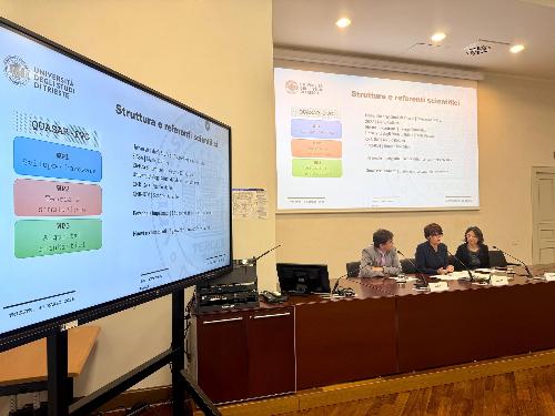 L'assessore regionale Alessia Rosolen (al centro) alla conferenza stampa di presentazione dei nuovi progetti su base quantistica degli atenei di Trieste e Udine nella sala Predonzani del Palazzo della Regione