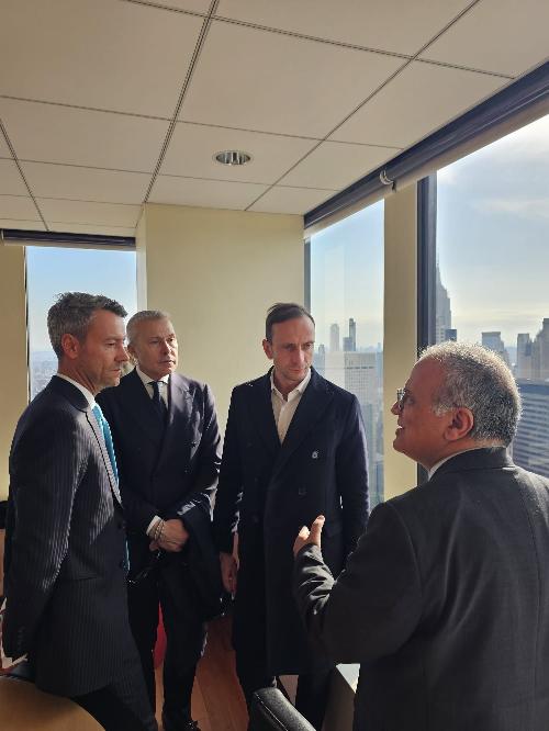 Da destra l'ambasciatore Marrapodi, il governatore Fedriga, l'assessore Bini e il portavoce del governatore Edoardo Petiziol 